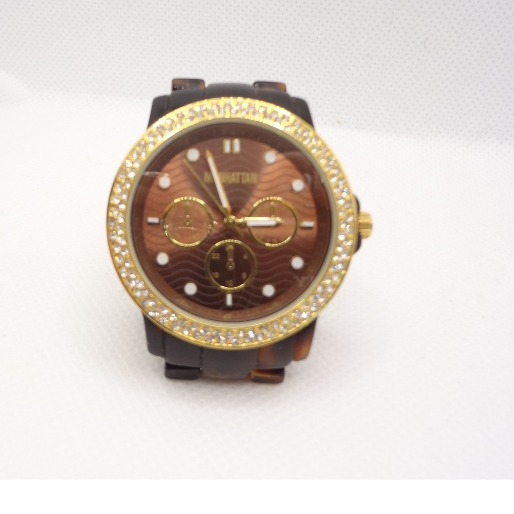 Manhattan Watch Women Brown NEW Tortoiseshell Resin Gold Crystal Bezel Glam
